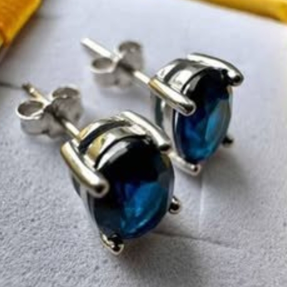 Blue Sapphire Earrings Stud Silver Earrings 7x4MM Oval Sapphire Sterling Silver - Picture 4 of 9